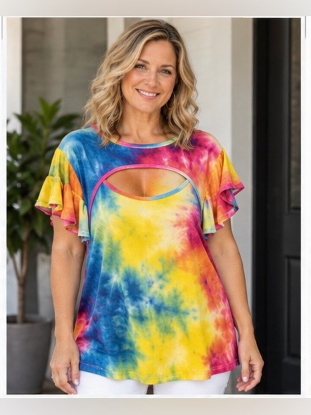 HEIMISH USA Multi-Color Tie-Dye Cutout Flutter Sleeve Top